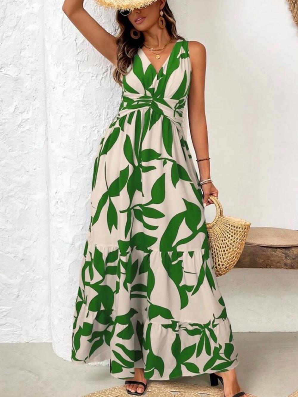 SHEIN Cream Maxi Dress with Green Leaf Print